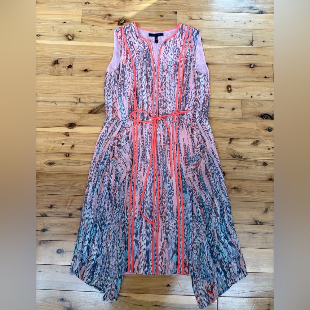 BCBGMaxAzria Snake Print Tie Waist Silk Dress Pink Coral Size M Boho Fairy
